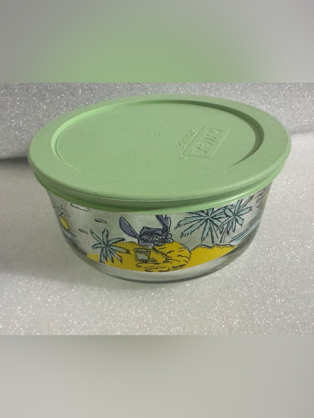 Pyrex Clear Glass Container with Pastel Green Lid Disney Stitch